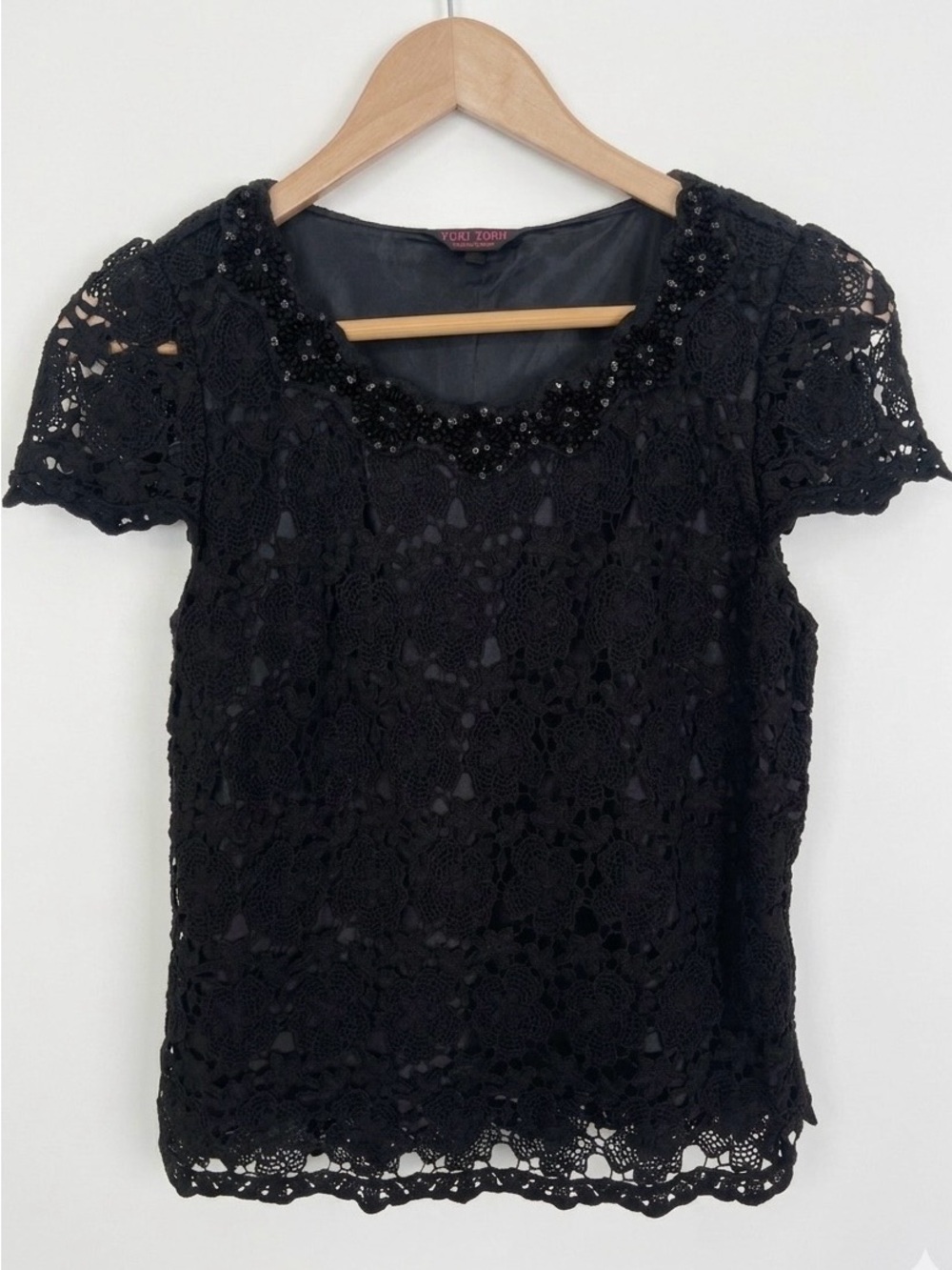 Yuki Torii Guipure Lace Crochet Blouse Beaded Neckline Top Black 40 S Womens